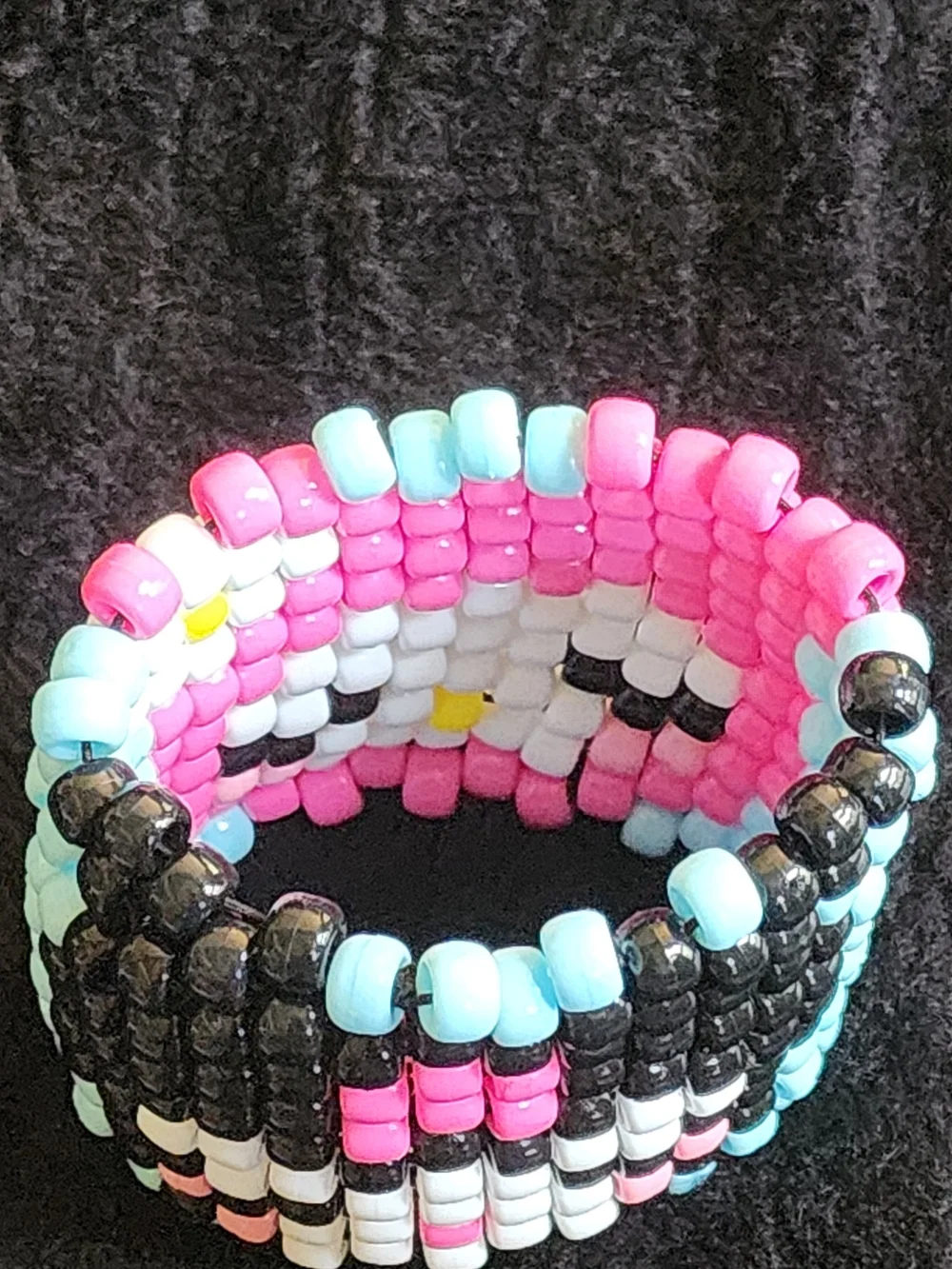 Handmade Beaded Kandi Cuff Bracelet in Black, White, Pink & Blue